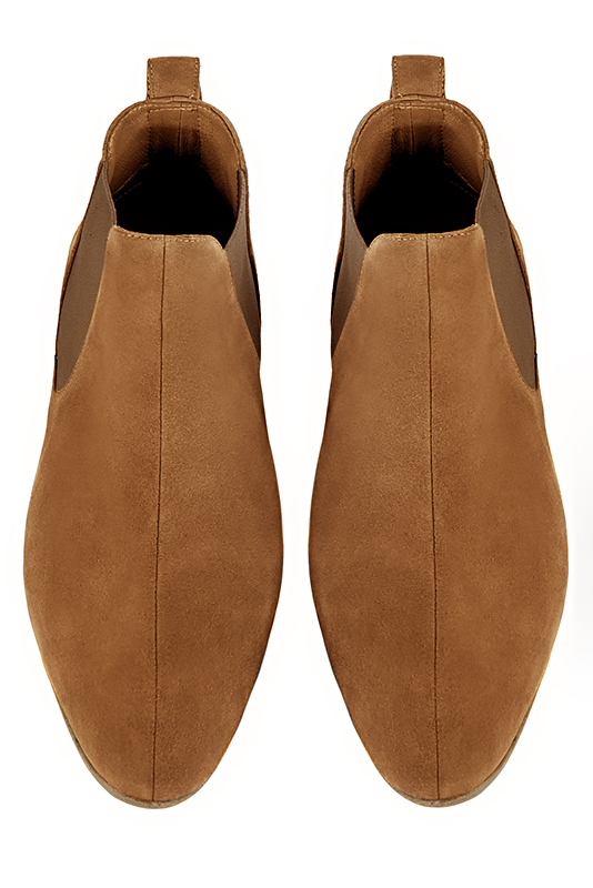 Camel beige dress ankle boots for men. Round toe. Flat leather soles. Top view - Florence KOOIJMAN